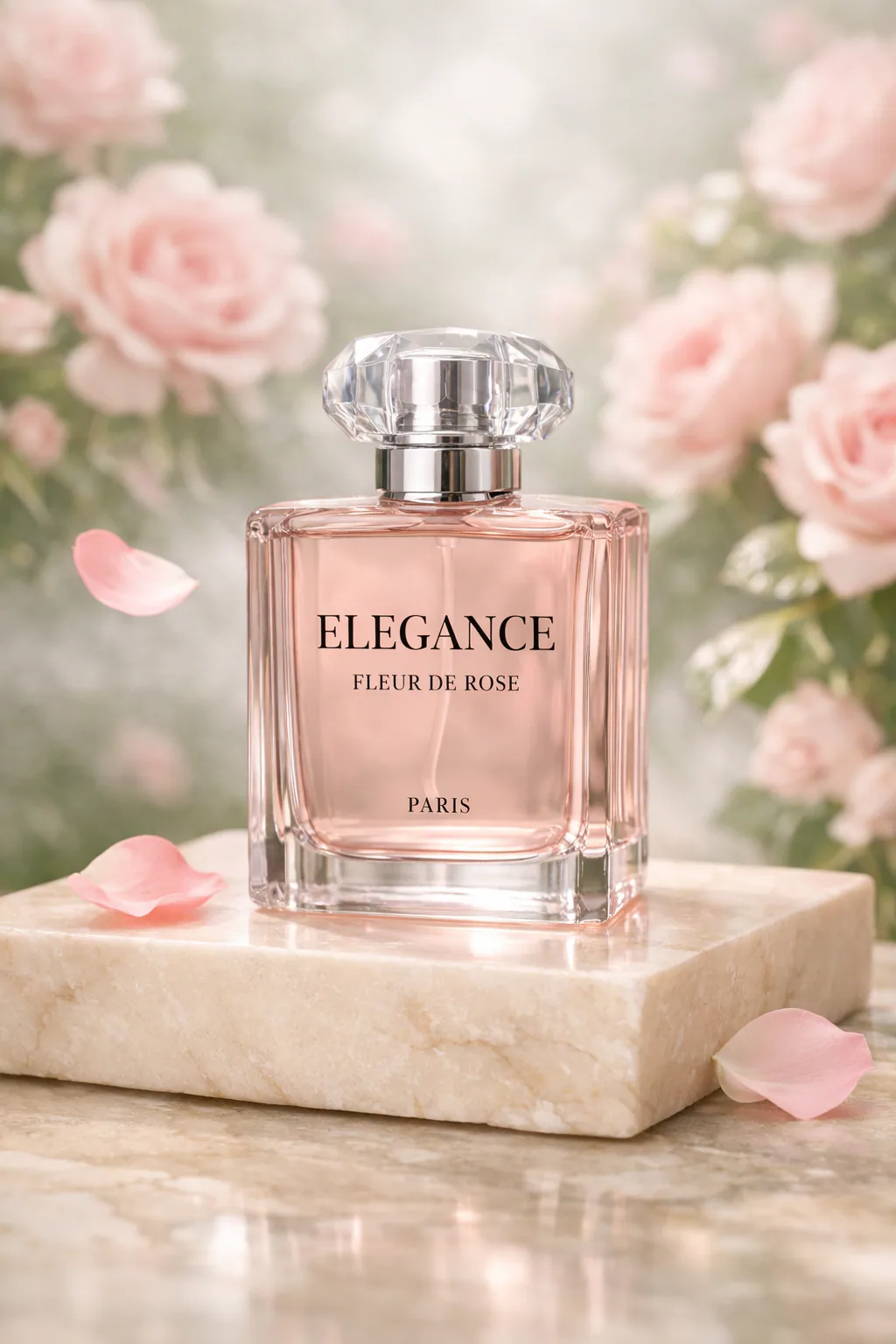 Ultra-realistic blush-pink perfume bottle on a cream marble block surrounded by softly blurred roses, floating petals, and romantic luxury editorial lighting.