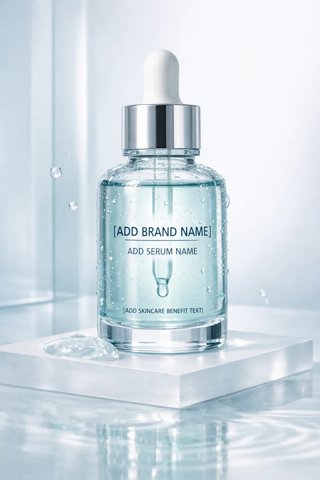 Ultra-realistic transparent skincare serum dropper bottle with pale aqua-blue liquid, condensation droplets, clean clinical studio setup, and luxury beauty editorial lighting.