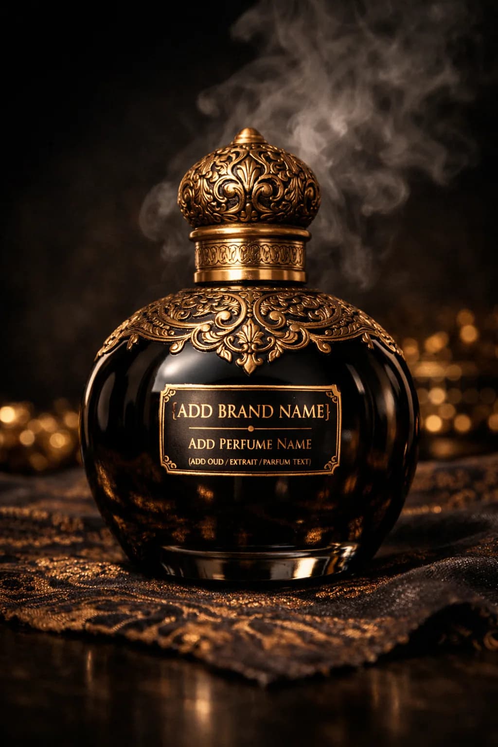 Ultra-realistic royal oud perfume bottle in glossy black glass with antique gold engravings, decorative cap, luxury fabric surface, and cinematic smoke effects.