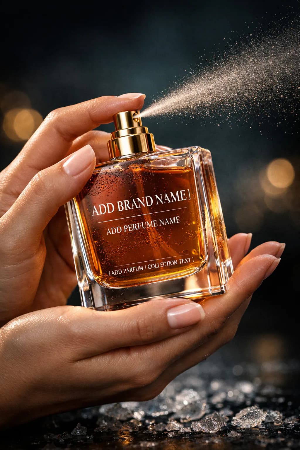 Ultra-realistic close-up of elegant hands holding and spraying a crystal perfume bottle with amber fragrance liquid, cinematic mist particles, and luxury beauty campaign lighting.