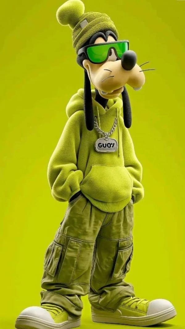 Full-body 3D anthropomorphic dog character wearing neon green streetwear outfit, standing in a studio setting with clean lighting and fashion editorial styling in Pixar-like rendering style.