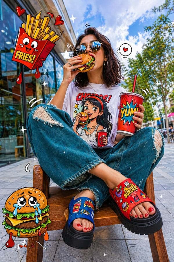 Young woman sitting on a bench eating a cartoon burger with floating animated fast food elements around her, blending real photography with colorful pop-art illustration style in a vibrant street setting.