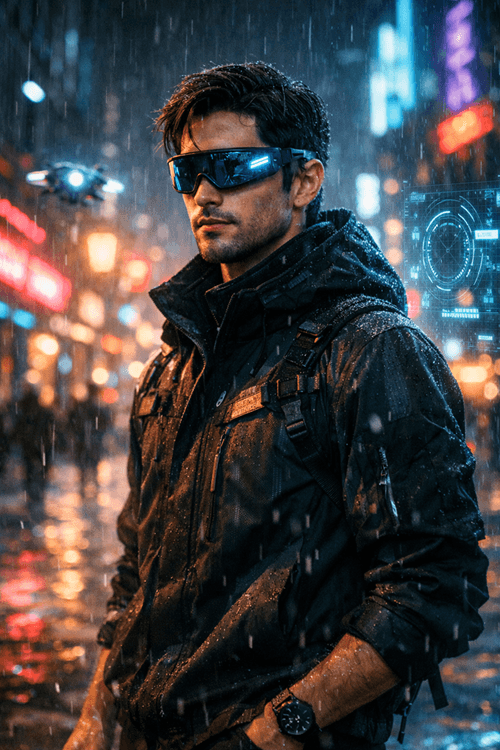 Futuristic man in a cyberpunk city at night with neon lights reflecting on his face, wearing a black techwear jacket in the rain with holographic elements and cinematic sci-fi detail