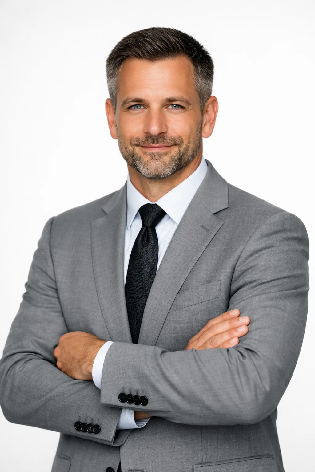 Professional business headshot of a confident man in a light grey suit against a white studio background with soft lighting and a clean LinkedIn-style corporate aesthetic.