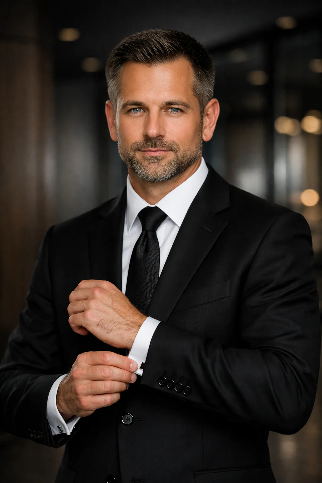 High-end executive portrait of a confident businessman in a black suit standing in a dark modern office with blurred glass walls and cinematic lighting in a LinkedIn CEO style.