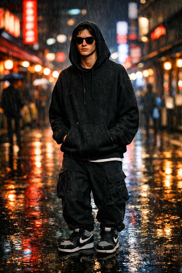 Stylish young man standing on a neon-lit street at night in the rain wearing an oversized black hoodie and cargo pants with cinematic lighting and reflections on wet ground, ultra-realistic 35mm film style.