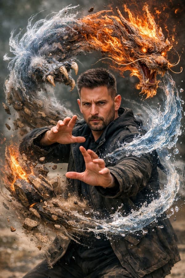 man performing avatar elemental bending with dragon made of four elements