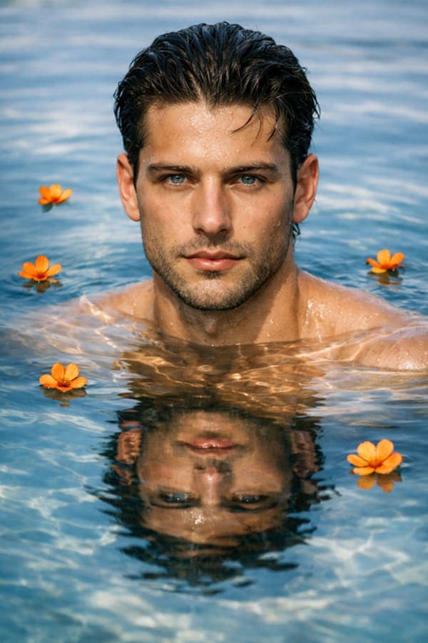 man submerged in blue water with sunlight reflections and floating orange flowers