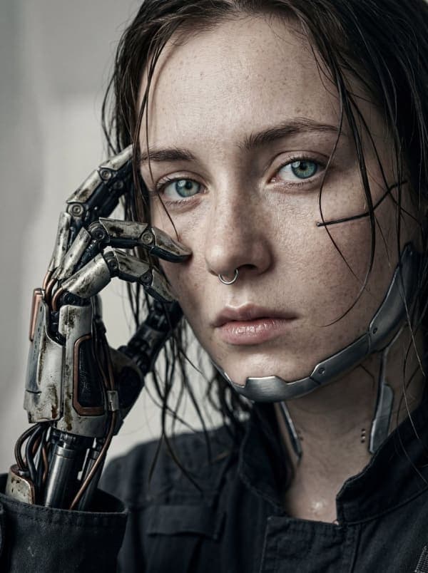 Hyper-realistic cyberpunk portrait of a young woman with blue-green eyes and cybernetic augmentations, featuring a mechanical prosthetic hand near her face in a cinematic moody studio lighting setup