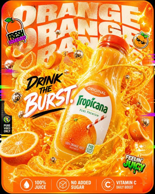 Hyper-realistic mango juice advertisement featuring a bottle bursting with fruit explosion, thick pulp, and tropical liquid chaos in a cinematic commercial style.