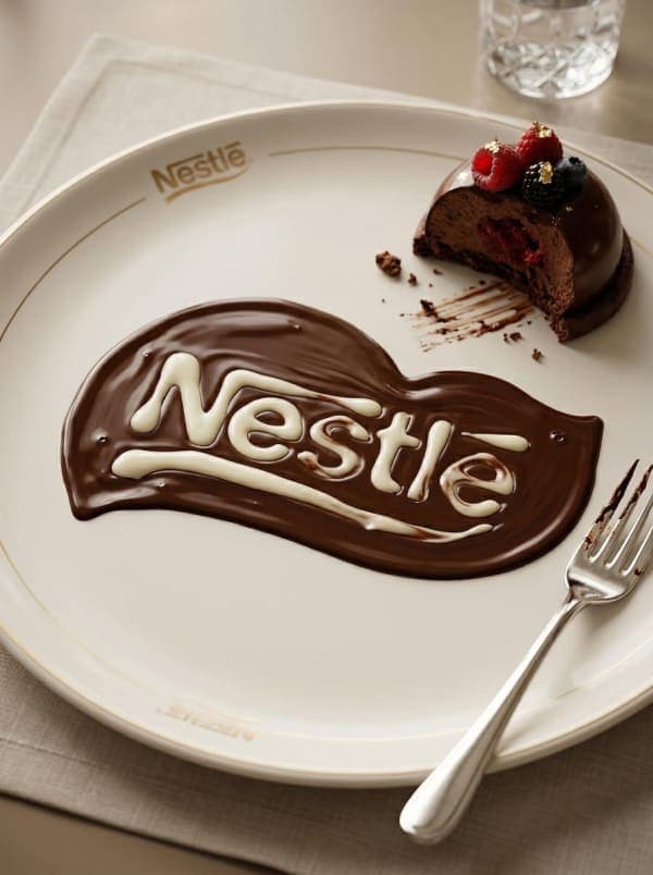 Hyper-realistic dessert scene where a logo is formed using melted dark chocolate on a ceramic plate in a luxury fine dining setting with cinematic lighting.