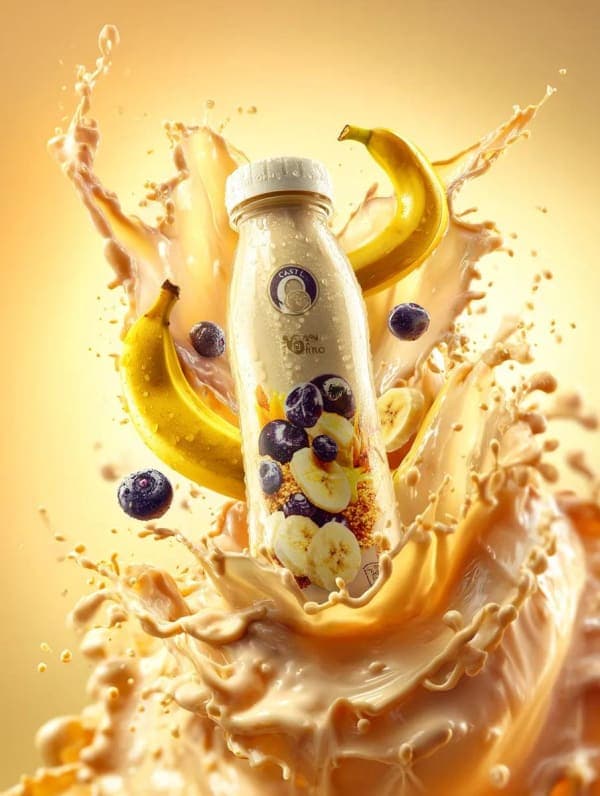 Hyper-realistic banana milk bottle surrounded by swirling milk splash, floating bananas and berries, with bright yellow studio lighting in a commercial food advertisement style.