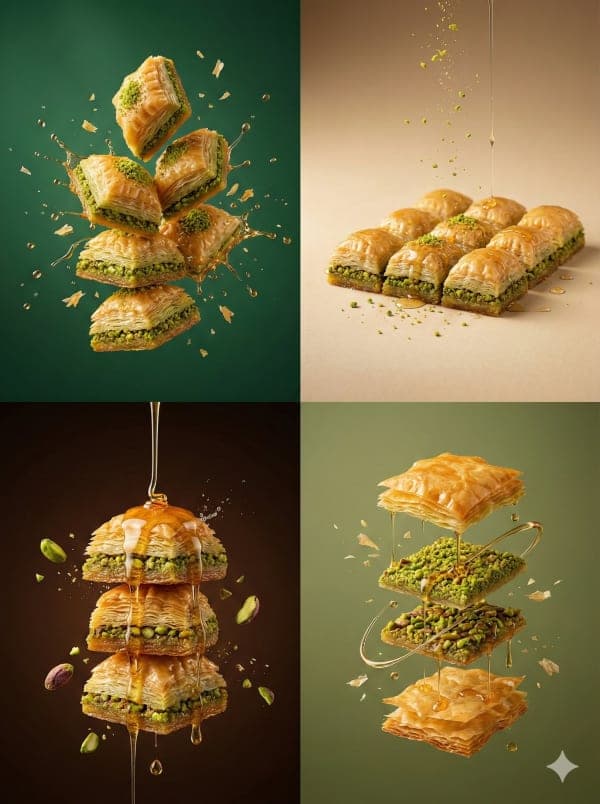 Hyper-realistic cinematic baklava dessert photography with floating pastry layers, pistachio filling, and golden syrup motion in multiple luxury studio lighting setups.