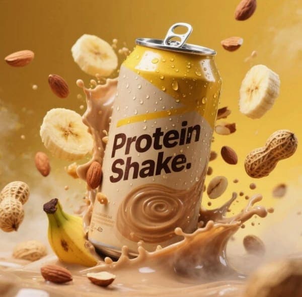 Hyper-realistic protein shake can surrounded by floating banana slices, almonds, peanuts, and dynamic milk splash in a vibrant yellow studio lighting setup.