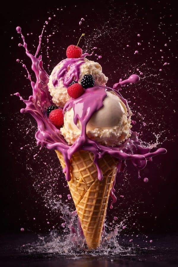 Three hyper-realistic frozen dessert scenes featuring ice cream cone with purple splash, chocolate ice cream bar with bite, and red berry popsicle with fruits in cinematic studio lighting.