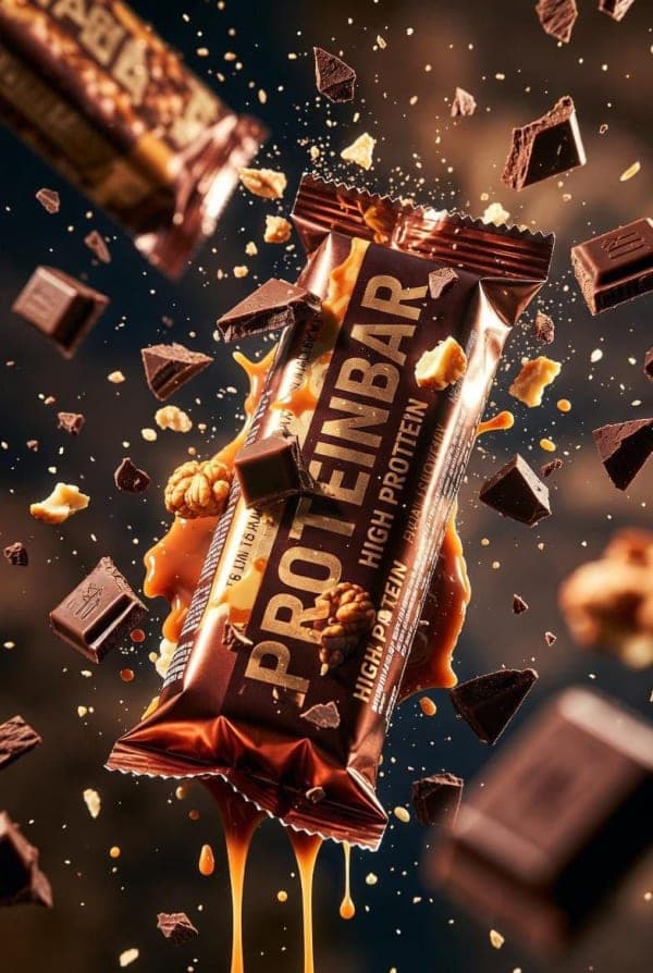 Hyper-realistic floating protein bar with metallic packaging surrounded by exploding chocolate chunks, caramel drips, and nuts in cinematic studio lighting.