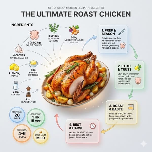 Modern infographic showing a roasted chicken dish with ingredients, cooking steps, and nutritional badges arranged in a clean editorial layout with soft studio lighting.