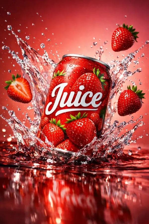 Ultra-realistic red juice can exploding with liquid splash and floating strawberries in cinematic high-speed beverage advertisement style.