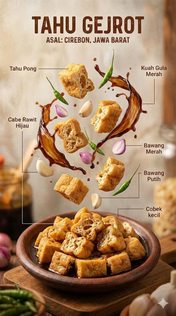 Hyper-realistic Indonesian dish in a bowl with floating ingredients like meat, tofu, herbs, and spices arranged in a vertical infographic style with cinematic lighting.