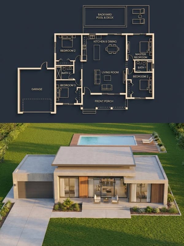 A split architectural visualization featuring a luxury dark-themed blueprint on the top section and a perfectly matched photorealistic modern single-story house render on the bottom section.