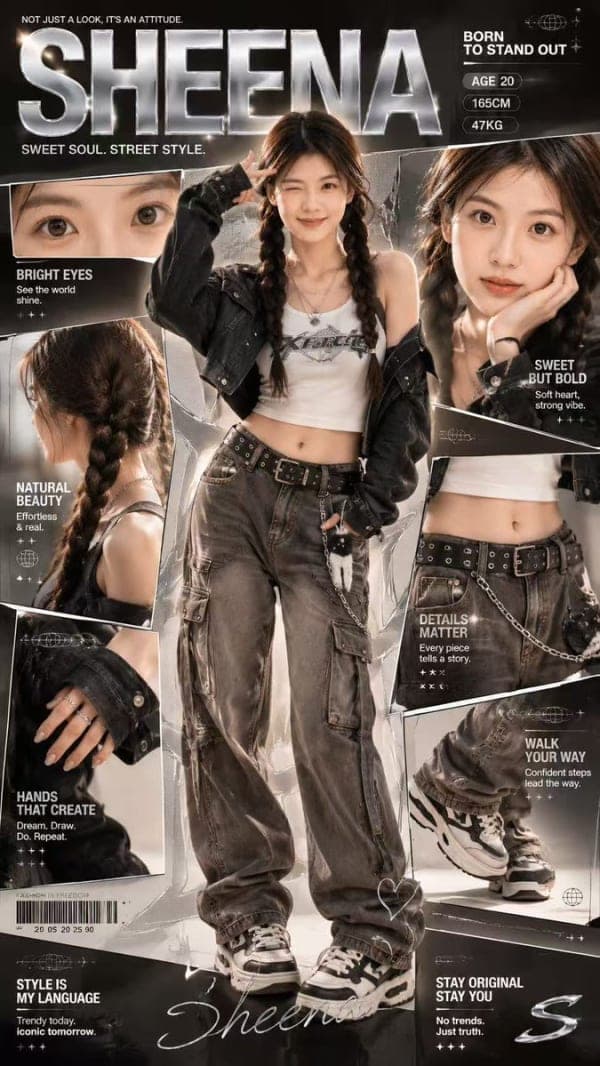 A 9:16 Y2K fashion profile collage poster featuring a trendy young girl with multiple close-up panels, chrome typography, streetwear styling, and polished editorial magazine design.