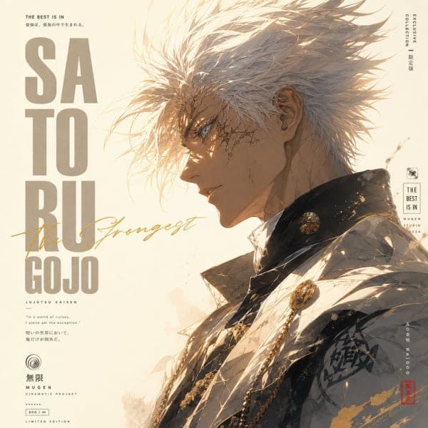 A minimalist high-fashion anime poster featuring a side-profile male character with fluffy white hair, cinematic golden lighting, and luxury editorial typography on a soft ivory background.