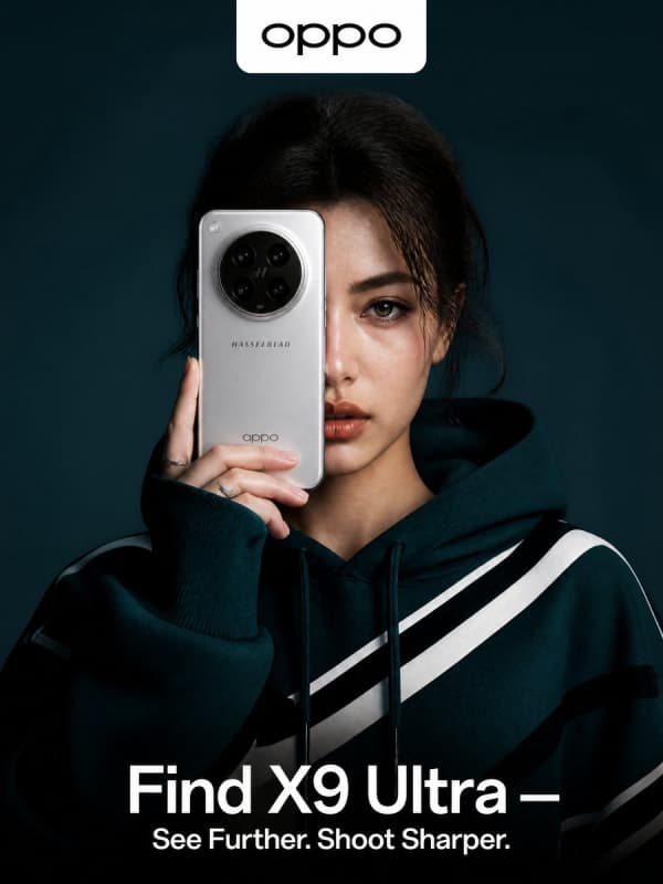 A high-fashion advertisement poster featuring a young woman holding an OPPO Find X9 Ultra smartphone over one eye against a deep teal background with cinematic lighting and luxury tech branding.