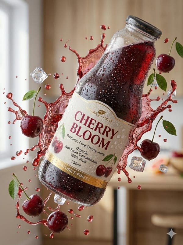 Ultra-realistic 3D render of a premium cherry juice bottle suspended mid-air with condensation droplets, surrounded by splashing juice, cherries, and ice cubes in frozen motion.