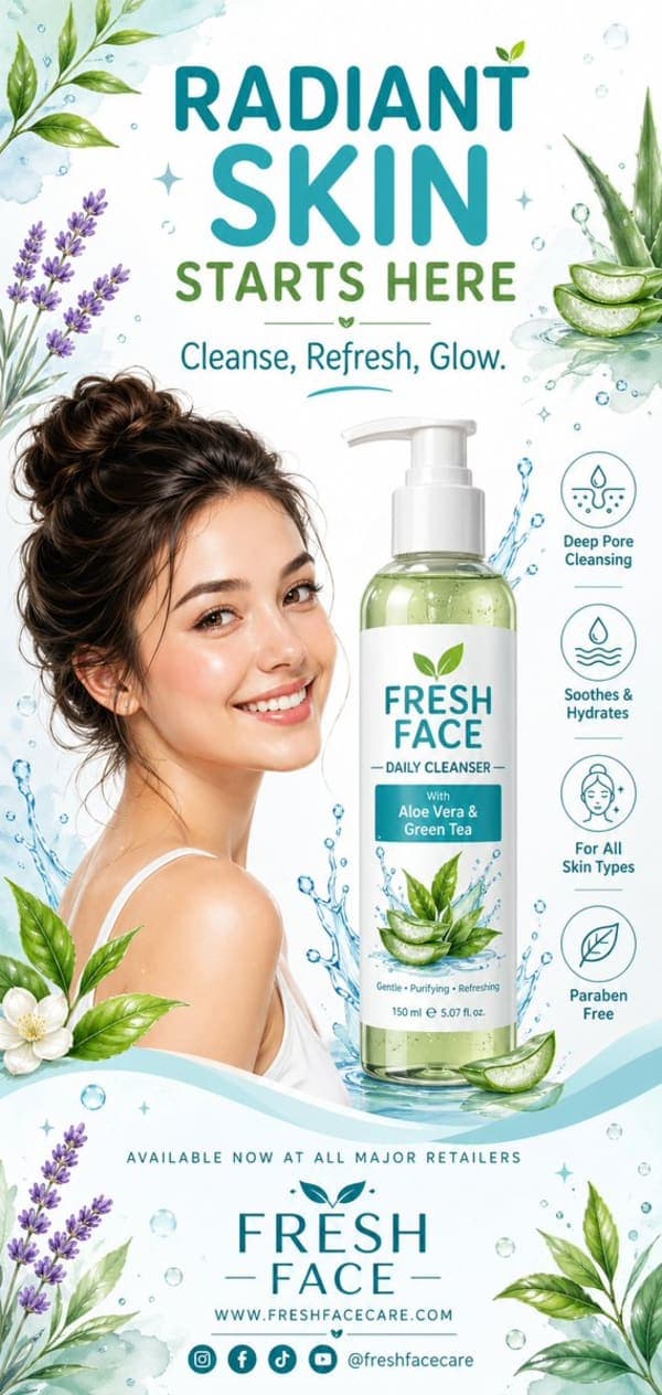 Clean skincare advertising poster featuring a radiant woman, botanical illustrations, and a face wash bottle in soft watercolor and vector style with aqua and teal tones.