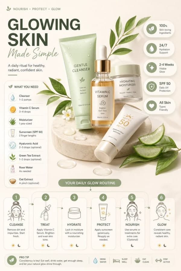 Clean modern infographic layout showing a structured routine with hero visual, steps, ingredients, and stat badges in a minimal editorial design style.