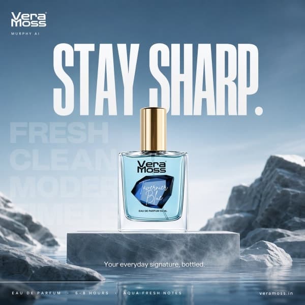 Dual cinematic perfume billboard concepts for Vera Moss featuring a minimal fresh version and an energetic water-motion version with premium typography and luxury advertising design.