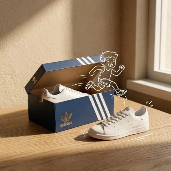 Adidas sneakers placed in minimalist warm studio with soft sunlight and hand-drawn white doodle illustration interacting with the product in a mixed-media style.