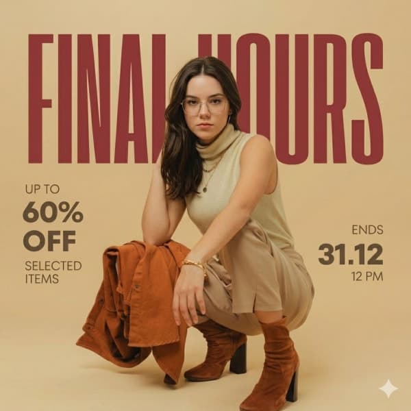 Minimalist fashion editorial poster showing a seated woman in beige outfit on warm studio background with bold red typography and clean luxury advertising layout.