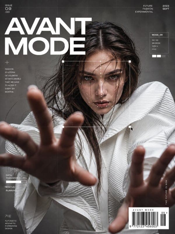 Avant-garde fashion model in white couture with futuristic UI overlays, cinematic studio lighting, and Vogue-inspired editorial magazine styling.