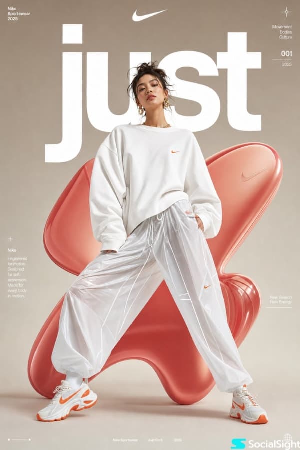 Female fashion model in futuristic oversized white sportswear standing in front of glossy red-pink inflatable 3D shapes with editorial typography and luxury athletic campaign styling.