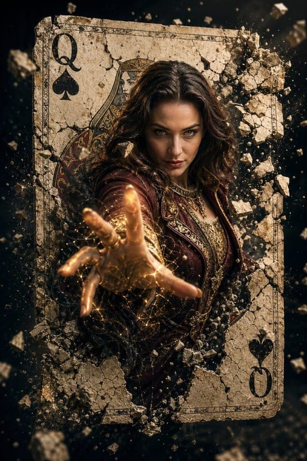 Cinematic fantasy poster of a female sorcerer bursting through a cracked Queen of Spades card with glowing magical energy, floating debris, and dramatic dark lighting.