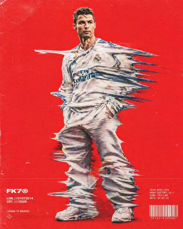 Experimental hip-hop fashion poster featuring a full-frame model with motion-drag distorted clothing against a bold red background with retro film grain and magazine-style typography.