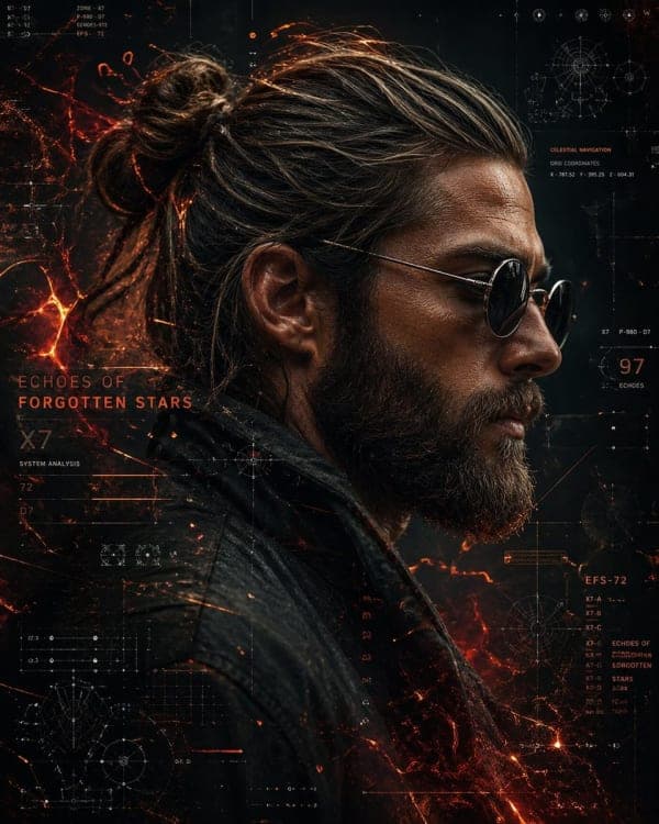 Cinematic cyberpunk side-profile portrait of a rugged bearded man wearing dark sunglasses and a leather jacket surrounded by glowing holographic celestial navigation graphics and fiery cosmic particles.