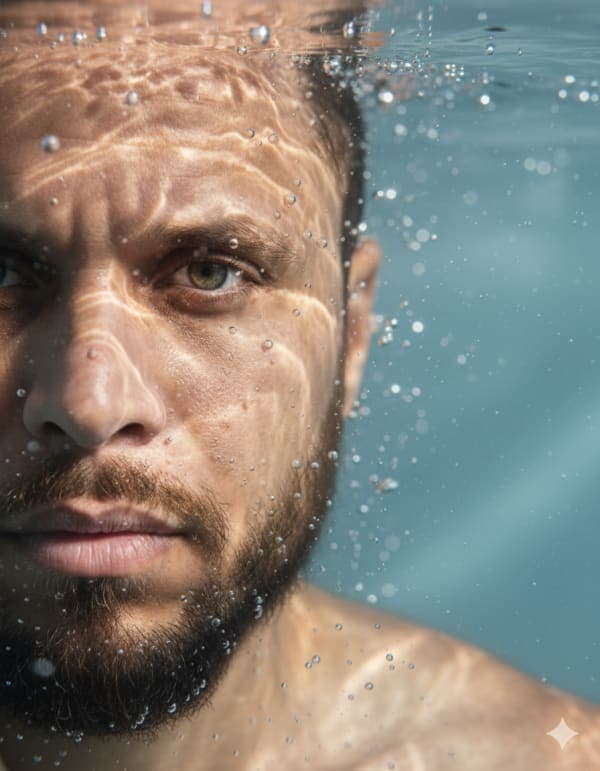 Hyper-realistic underwater close-up portrait showing half of a face submerged in water with sharp eye focus, cinematic caustic lighting, and floating bubbles.
