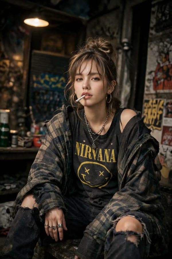 High-detail cinematic portrait of a defiant woman wearing oversized grunge clothing in a dimly lit urban environment with gritty atmosphere and sharp eye focus.