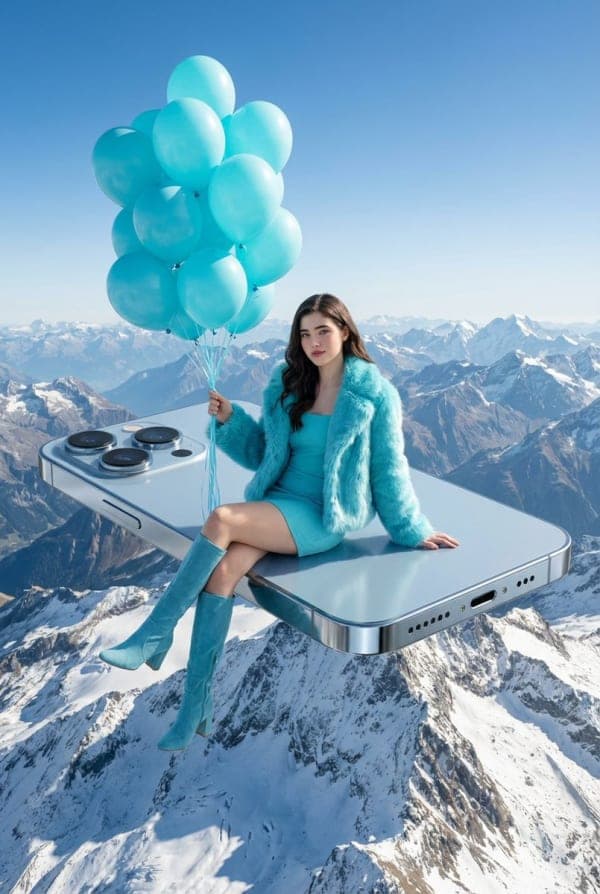 Surreal high-fashion editorial scene of a model seated on a giant floating smartphone above snowy mountains holding blue balloons in a cyan outfit with cinematic lighting.