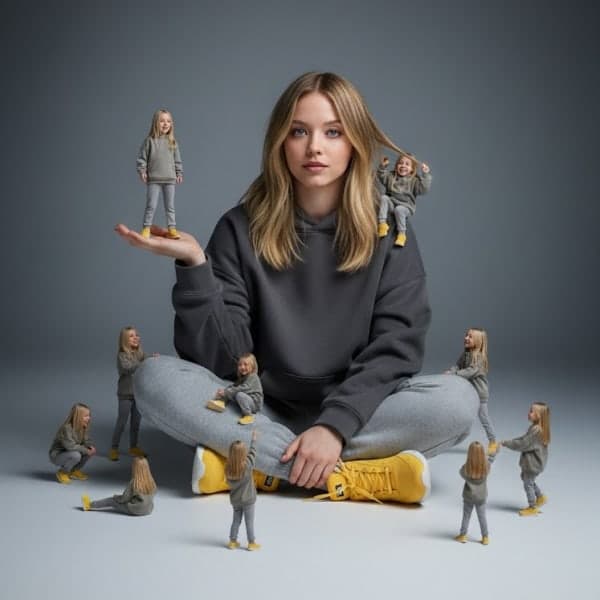 Surreal cinematic image of a woman surrounded by miniature versions of herself in a minimal gray studio with soft lighting and realistic shadows.