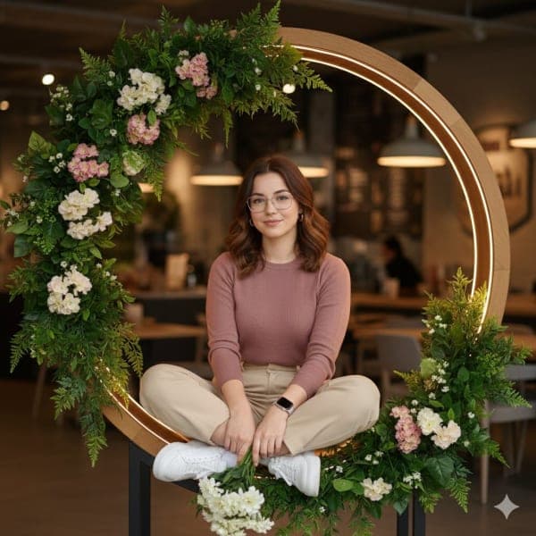 Ultra-realistic lifestyle café portrait of a seated adult subject inside a circular LED-lit wooden frame with soft natural lighting and floral decor.