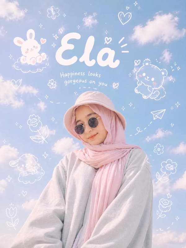 Low-angle portrait of a stylish person under a blue sky with floating kawaii doodles and handwritten text in a dreamy pastel aesthetic.