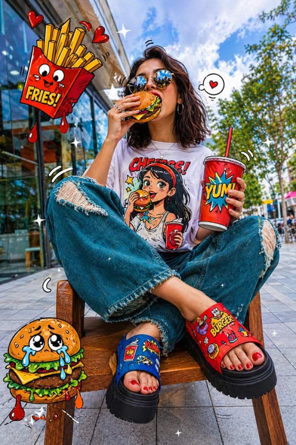 Street fashion portrait of a woman eating a cartoon burger surrounded by floating comic-style fast food illustrations in a colorful pop-art aesthetic.