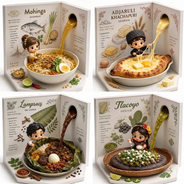 A 2x2 grid of surreal cinematic food visualizations showing international dishes with 3D bowls, flowing sauces, and interactive culinary elements.