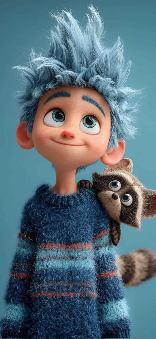 Cute stylized 3D animated boy with fluffy blue hair, freckles, and a small raccoon sitting on his shoulder against a pastel blue cinematic background.