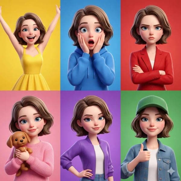 Pixar-style 3D animated girl shown in a 6-panel emotion grid with different expressions and colorful solid backgrounds.