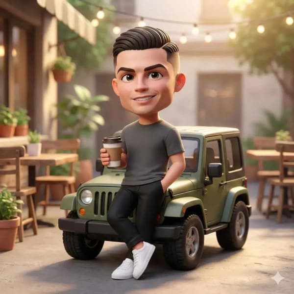 Cute 3D chibi-style character leaning on a green off-road Jeep holding coffee in a cozy café courtyard with warm golden-hour lighting.