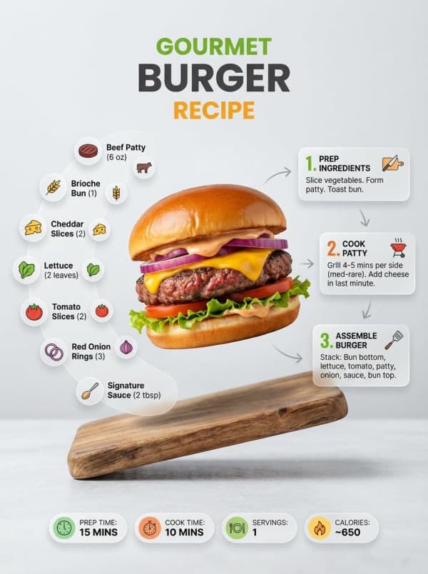 Modern recipe infographic showing a plated dish with floating ingredients, cooking steps, and nutritional badges in a clean editorial layout.